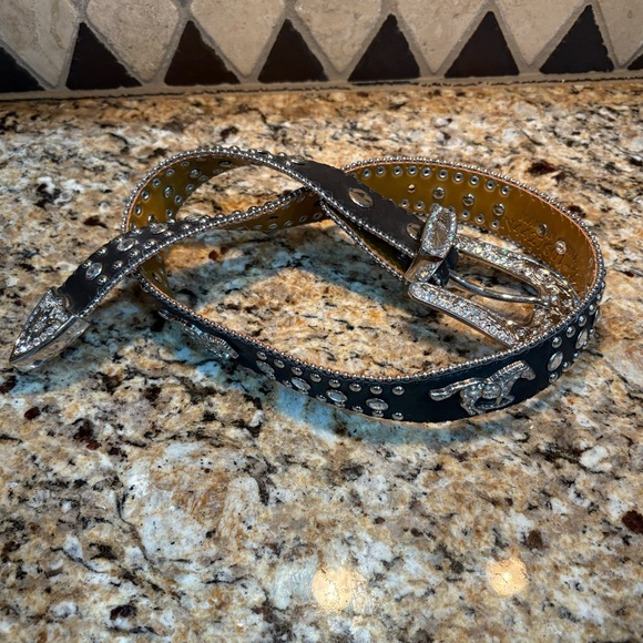 Nocona Leather Belt Rhinestones Mustang Horses Buckle Bling Black Silver 24 - Picture 1 of 8